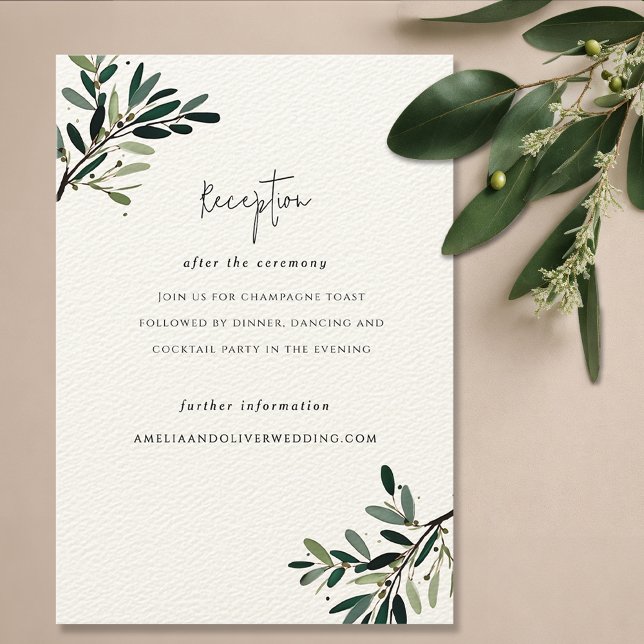 Cartão De Informações Casamento com Ramo de Árvore Elegante (Olive tree branch wedding invitation suite reception card, olive green watercolor reception invite)