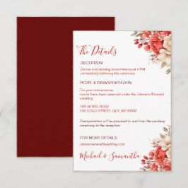 Cartão De Informações Casamento com Rosa Vermelha e Marfim Elegantes