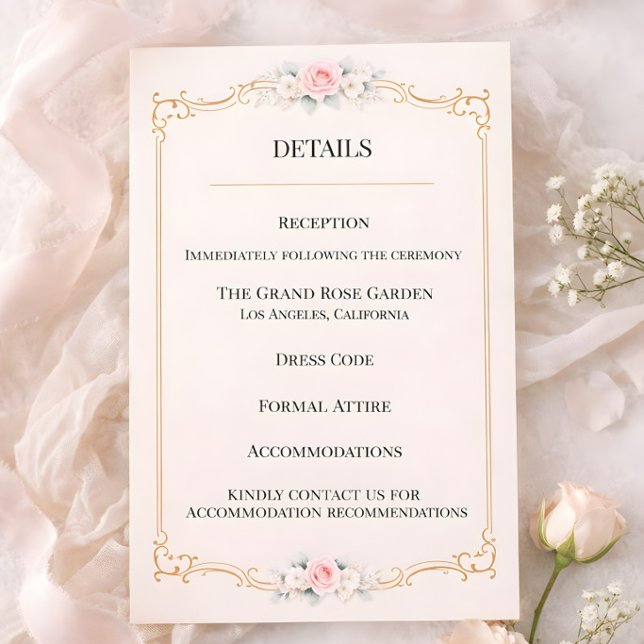 Cartão De Informações Casamento com Toque Rococó em Rubor (Details enclosure card for Rococco style luxury ornate wedding)