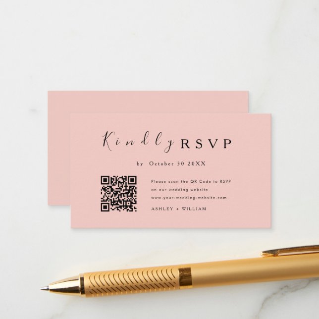Cartão De Informações Casamento Cor-De-Rosa Com Blush De Código Qr De Rs (Frente/Verso In Situ)