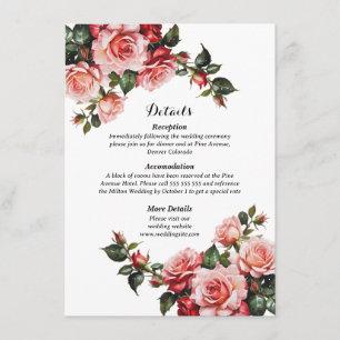Cartão De Informações Casamento cor-de-rosa e rosas vermelhas
