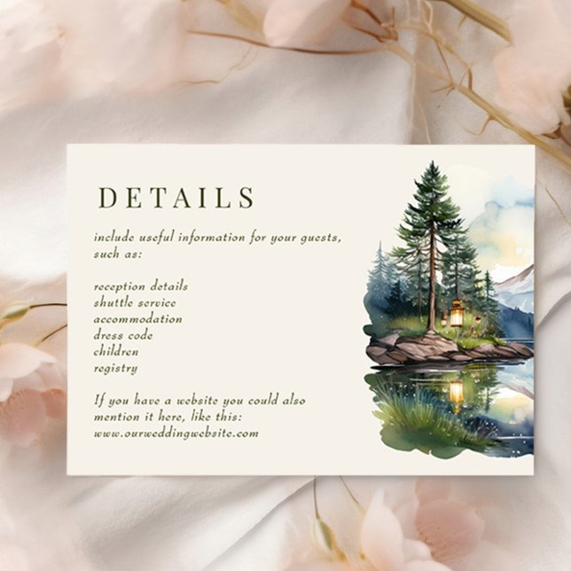 Cartão De Informações Casamento da Floresta do Lago Twilight (Wedding details card from the Country Lake wedding collection by Darling & May)