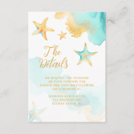 Cartão De Informações Casamento De Aqua E De Beachy Starfish, Dourado Po