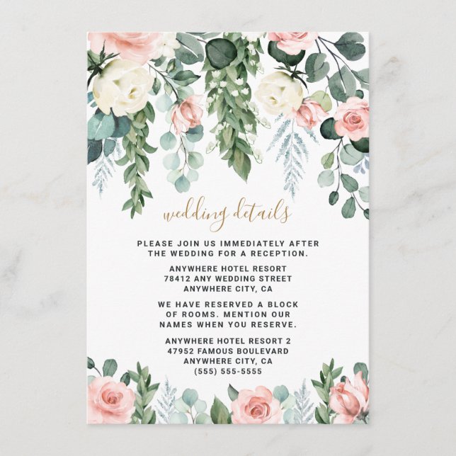 Cartão De Informações Casamento de Aquarela de Rosa Floral Rosa-Rosa-Blu (Frente)