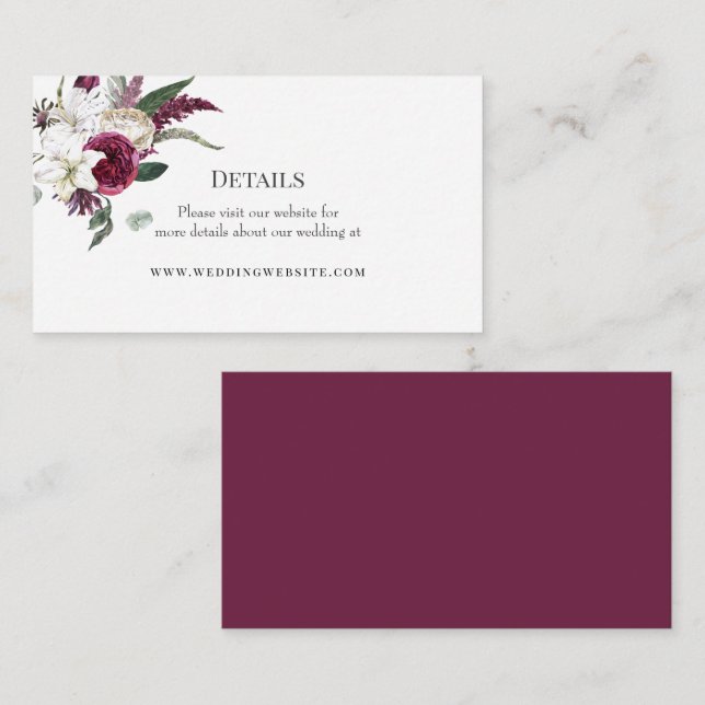 Cartão De Informações Casamento de Aquarela Floral Burgundy Elegante (Frente/Verso)