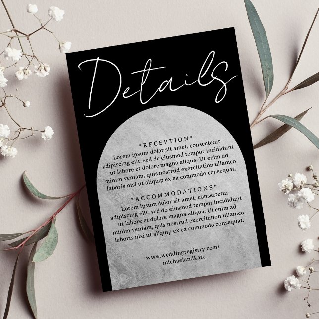 Cartão De Informações Casamento de Arco Gótico Negro e Cinza (Black & Grey Dark Gothic Headstone Arch Wedding Enclosure Card)