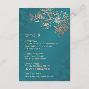 Cartão De Informações Casamento de Arte de Linha Floral em Rose Gold e A
