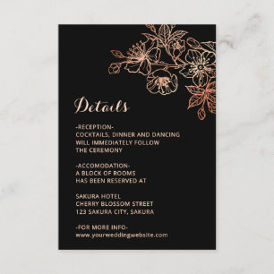 Cartão De Informações Casamento de Arte de Linha Floral Preto Cobre