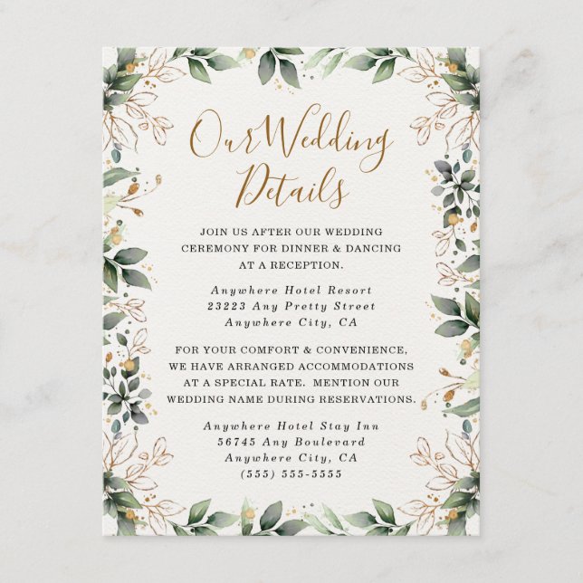 Cartão De Informações Casamento de Boho Leaf Boho, Dourado Elegante Verd (Frente)