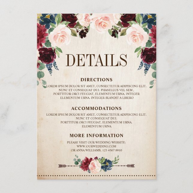 Cartão De Informações Casamento de Boho País Russo Floral Marinho Burgun (Frente)