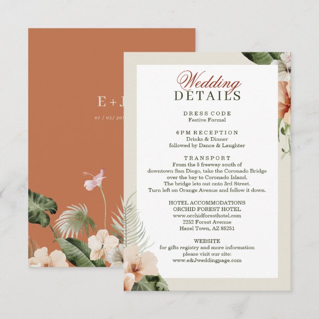Cartão De Informações Casamento de boho pastel de hibisco tropical (Frente/Verso)