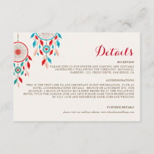 Cartão De Informações Casamento de Boho Tribal com Dreamcatcher de penas