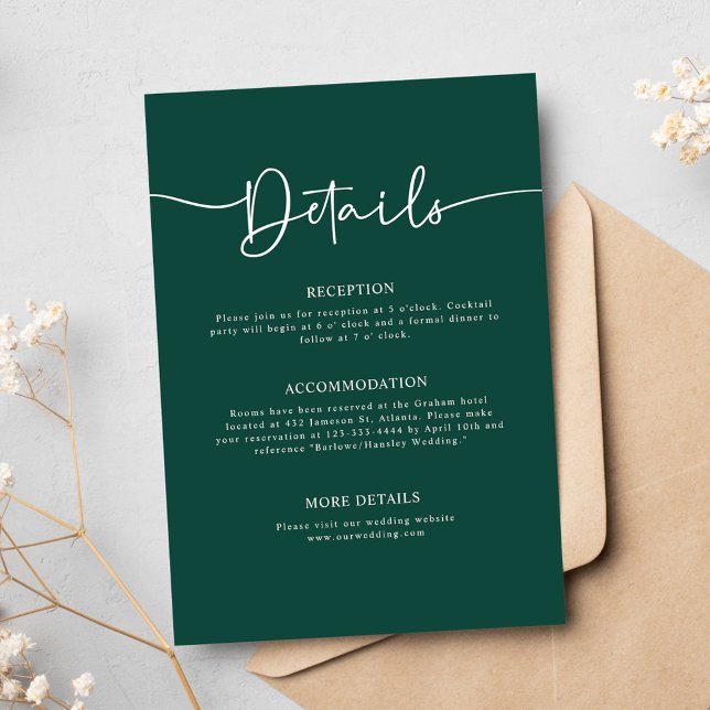 Cartão De Informações Casamento de Caligrafia Mínima Moderna Emerald Gre (Emerald Green Modern Minimal Calligraphy Wedding Enclosure Card)