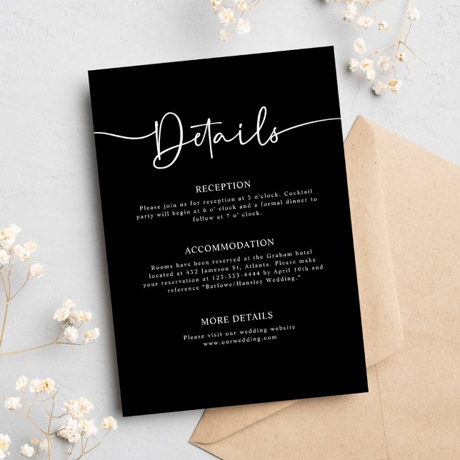 Cartão De Informações Casamento de Caligrafia Mínima Moderna Negra (Black Modern Minimal Calligraphy Wedding Enclosure Card)