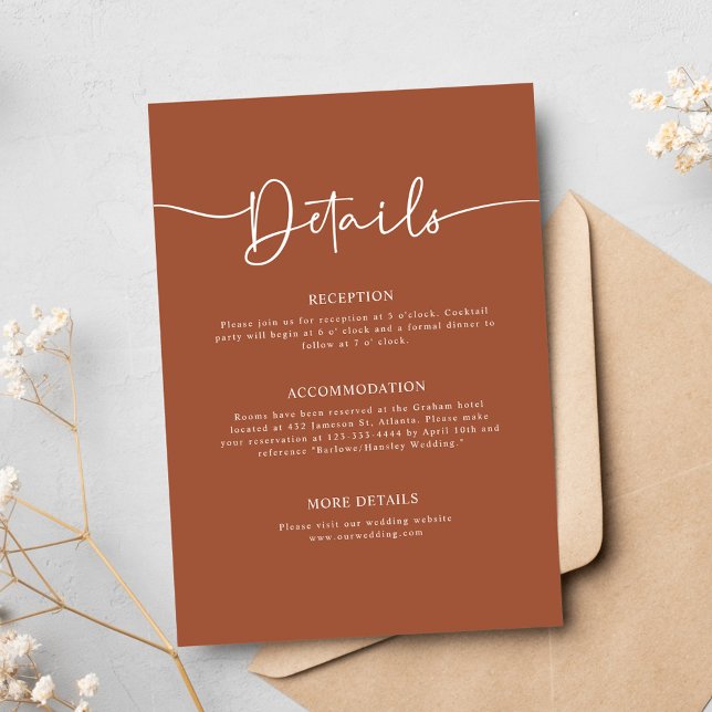 Cartão De Informações Casamento de Caligrafia Mínima Terracotta (Terracotta Modern Minimal Calligraphy Wedding Enclosure Card)