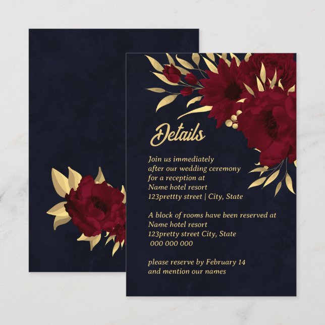 Cartão De Informações Casamento de Chic Burgundy e marinho de ouro (Frente/Verso)