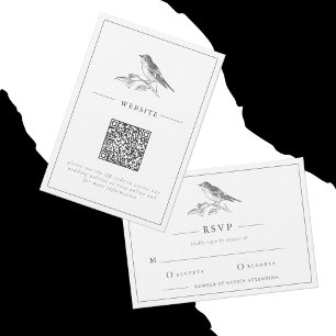 Cartão De Informações Casamento de Código QR Branco e Preto-Pássaro Vint