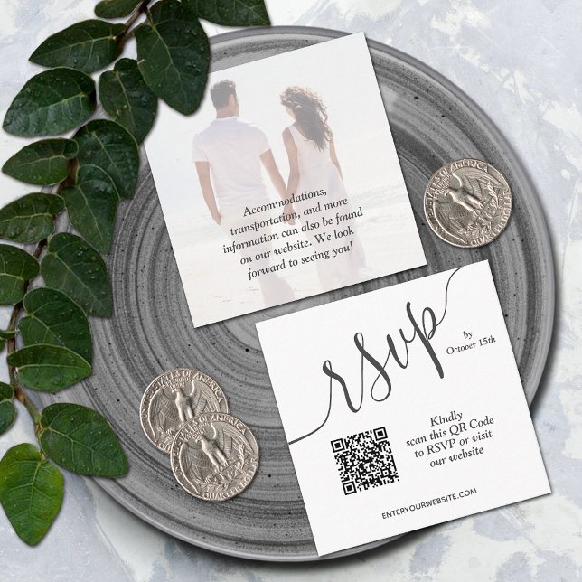 Cartão De Informações Casamento de Código QR de Foto Simples (Small 2.5" x 2.5" QR code wedding RSVP cards)
