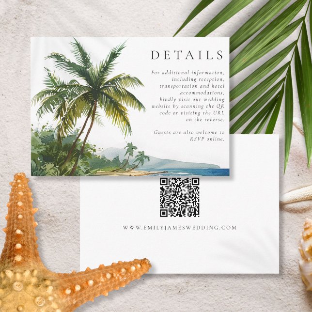 Cartão De Informações Casamento de Código QR de Palm Beach de Aquarela M (Modern Watercolor Palm Beach QR Code Wedding Enclosure Card)