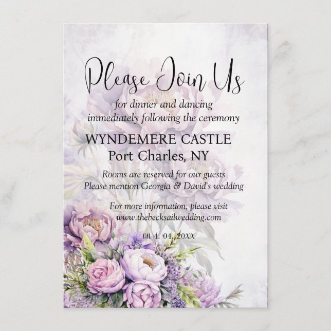 Cartão De Informações Casamento de Código QR de Peony de Lavanda de Aqua (Frente)