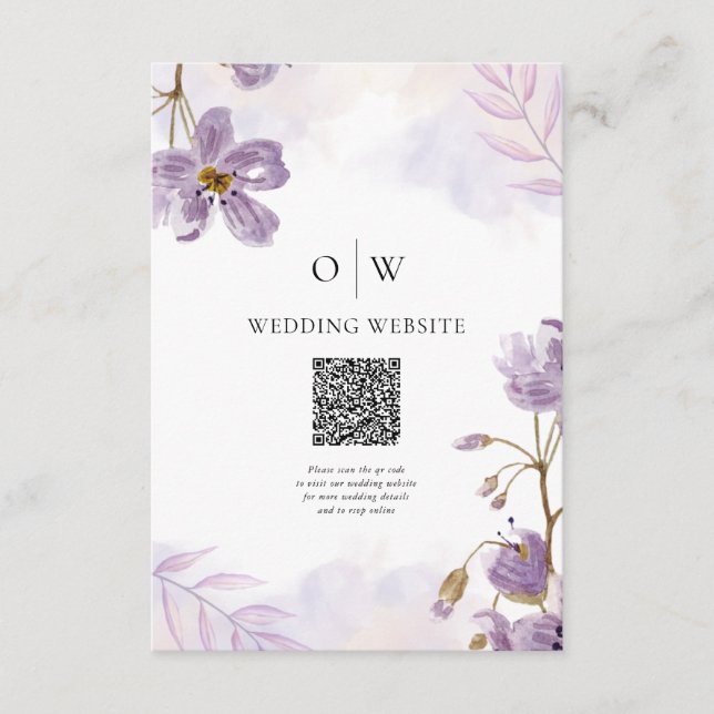 Cartão De Informações Casamento de Código QR Floral Roxo Elegante (Frente)