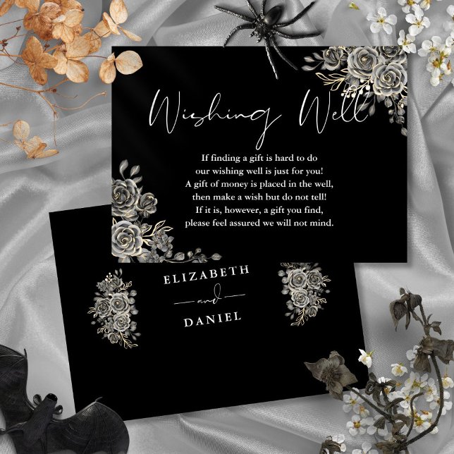 Cartão De Informações Casamento De Desejo Fólico Preto-E-Branco (Black And White Gothic Floral Wishing Well Wedding Enclosure Card)