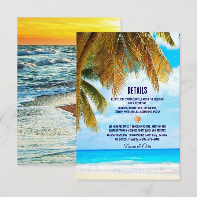 Cartão De Informações Casamento de Destino de Palmeiras de Praia (Frente/Verso)