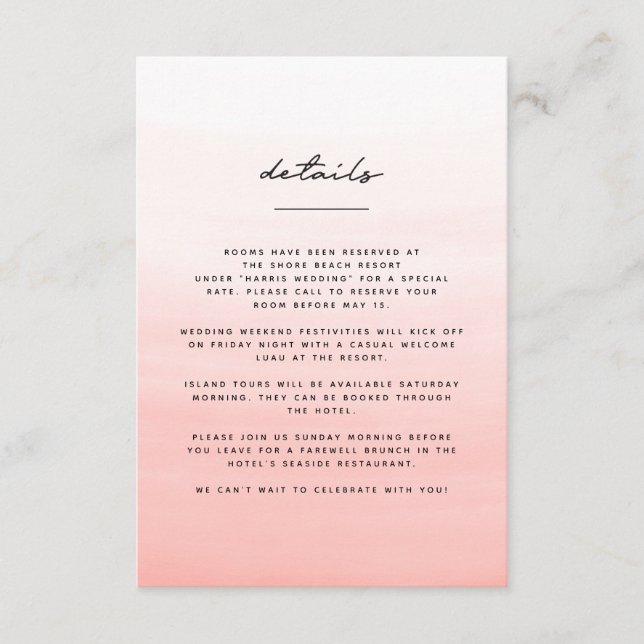 Cartão De Informações Casamento de destino de praia em aquarela (Frente)