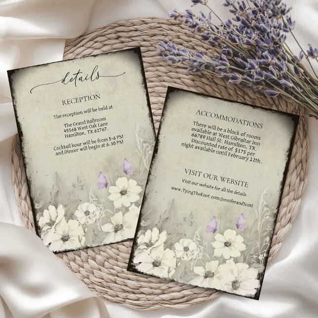 Cartão De Informações Casamento de Detalhes de Flor Selvagem de Borbolet (Vintage Butterfly Details Enclosure Card)
