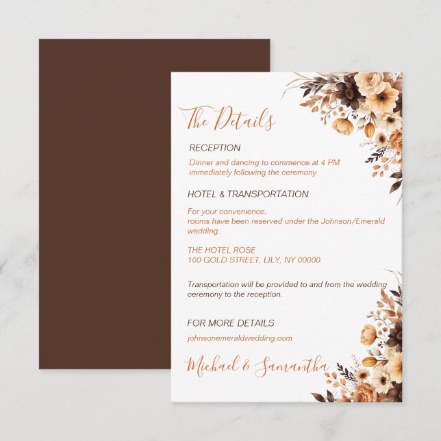 Cartão De Informações Casamento de Fall Rustic Brown e Ivory Rosa Countr (Frente/Verso)