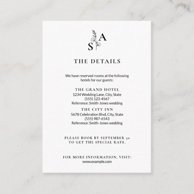 Cartão De Informações Casamento de flor selvagem Mínimo BW Monograma (Frente)