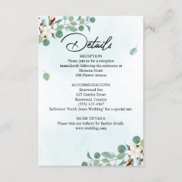 Cartão De Informações Casamento de Flores de Algodão e Eucalipto Verde