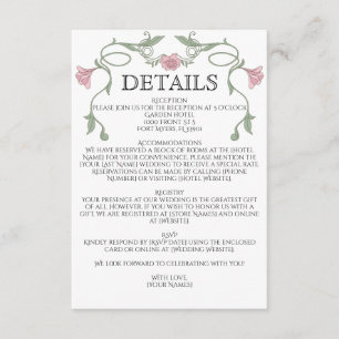 Cartão De Informações Casamento de Flores Rosa Bege Art Nouveau Vintage