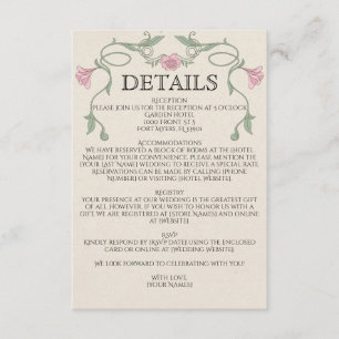 Cartão De Informações Casamento de Flores Rosa Pálido Art Nouveau Vintag