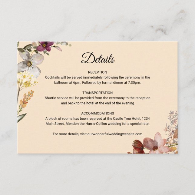 Cartão De Informações Casamento de Flores Silvestres Boho de Outono (Frente)