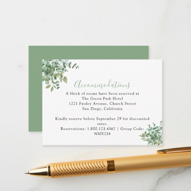 Cartão De Informações Casamento de Folhas de Eucalipto (Frente/Verso In Situ)
