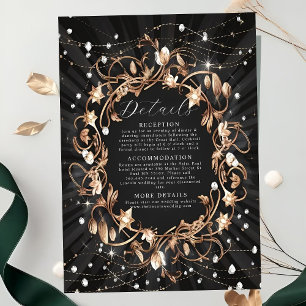 Cartão De Informações Casamento de Folhas Douradas Ornamentadas Preto Ch
