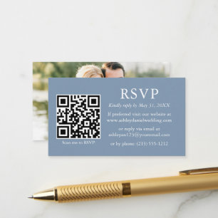 Cartão De Informações Casamento de Foto Minimalista QR RSVP Dusty Blue