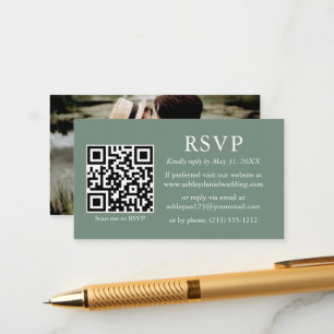 Cartão De Informações Casamento de Foto Minimalista QR RSVP Sage Green