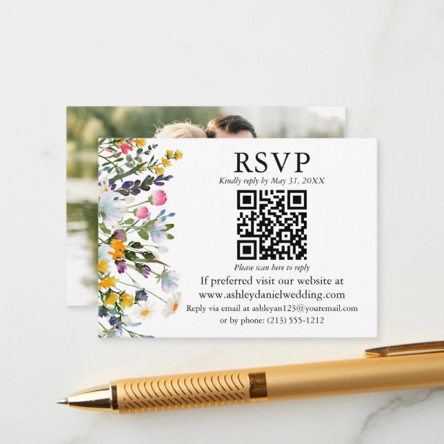 Cartão De Informações Casamento de Fotografia de RSVP de Flores Selvagen (Frente/Verso In Situ)