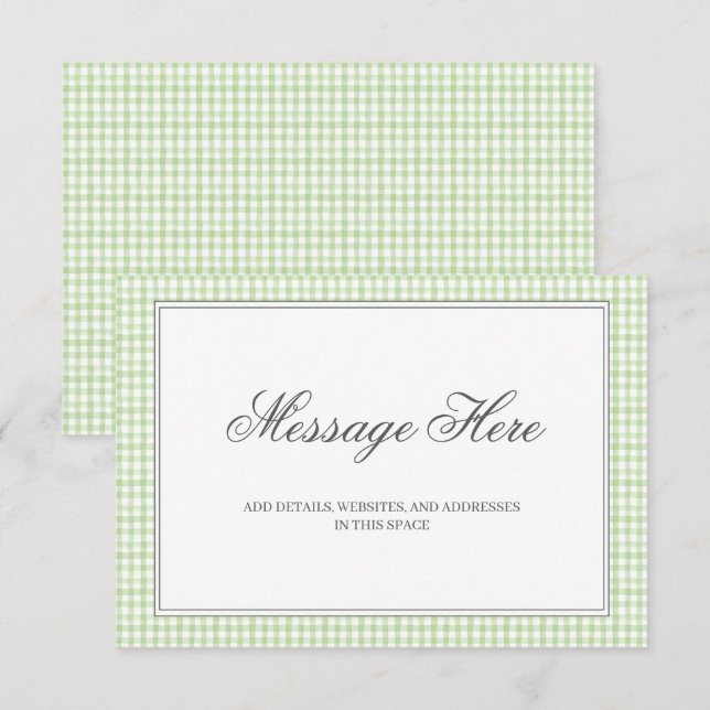 Cartão De Informações Casamento de Gingham Branco e Verde com Aquarela (Frente/Verso)
