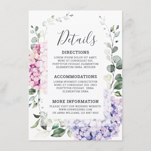 Cartão De Informações Casamento de Hortênsias e Eucalipto Azul Claro Ros (Frente)