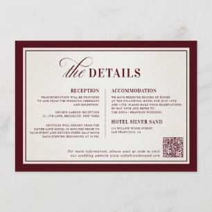 Cartão De Informações Casamento de Luxo Burgundy Formal Moderno com Dinh