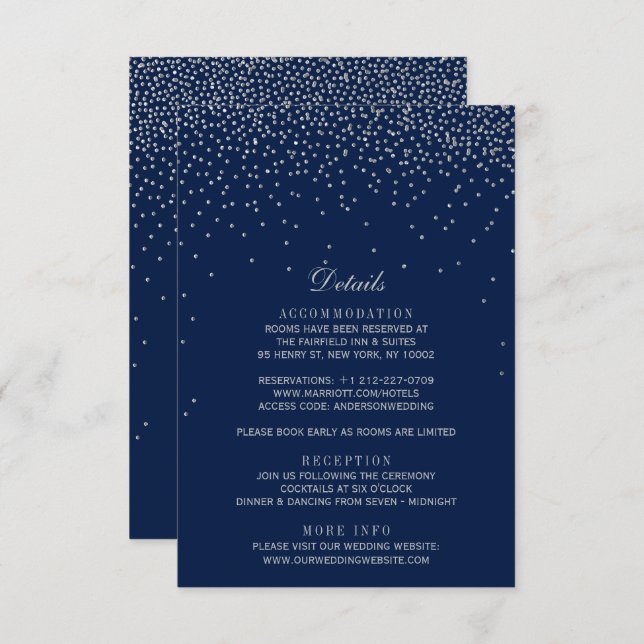 Cartão De Informações Casamento de marinho Azul e Prata Glam Confetti (Frente/Verso)