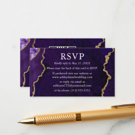 Cartão De Informações Casamento de mármore roxo de aquarela RSVP QR de t