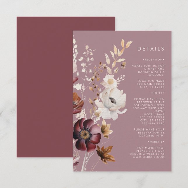 Cartão De Informações Casamento de Mauve Floral do outono Elegante (Frente/Verso)