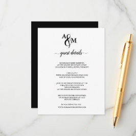 Cartão De Informações Casamento de Monograma Branco e Preto Moderno