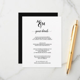Cartão De Informações Casamento de Monograma Branco e Preto Moderno