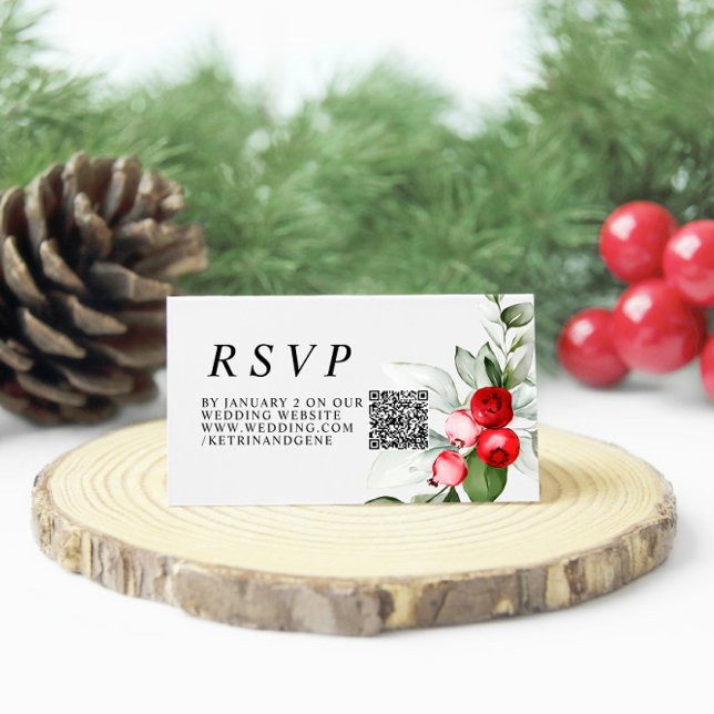 Cartão De Informações Casamento de Natal Greenery & Red Berries QR RSVP (Criador carregado)