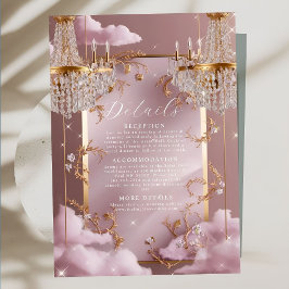Cartão De Informações Casamento de Nuvens Rosa Elegante Chandelier
